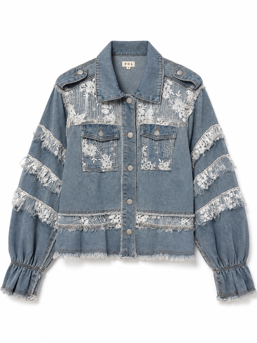 POL Lace Detail Denim Jacket Size Small NWOT Boho Frayed Snap Front